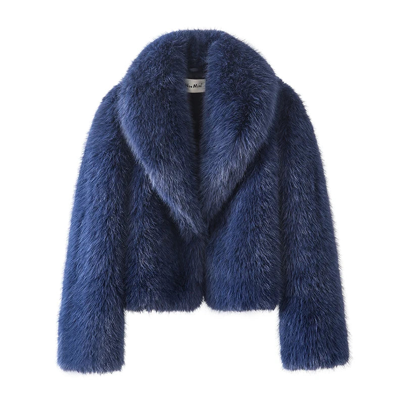 Neo Mint Street Fashion Shawl Collar Faux Fox Fur Coat Women 2024 Winter Cool Girls Black Short Fur Jacket Vintage Chic Overcoat LadyShow.Store