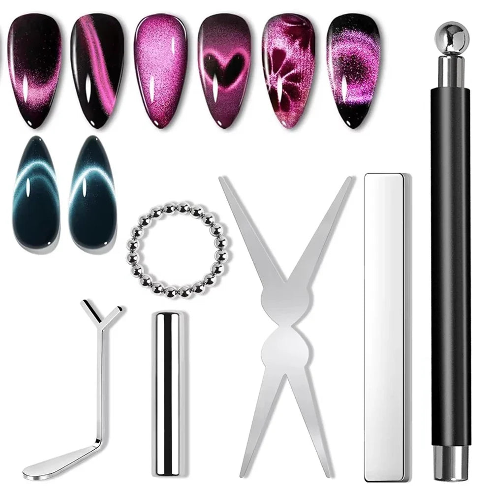 YIKOOLIN 6Pcs Cat Eye Magnet Set French Tip Heart & Flower Design Nail Art Gel Polish Manicure Tools for DIY Nail Art Tri Light Beauty