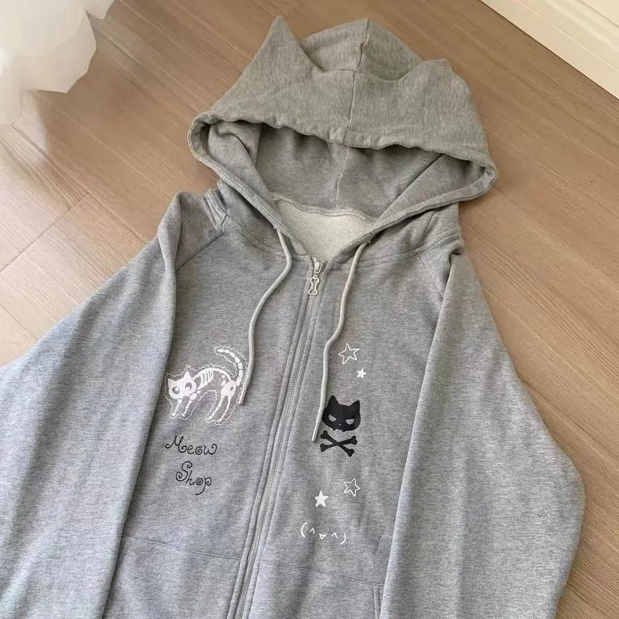 Zipper Hoodie Gothic Cartoon Kawaii Cat Ear Y2k Jacket Zip Up Thin Coat Spring Autumn Cute Core 2000s Clothes Fall Sweatshirts LadyShow.Store