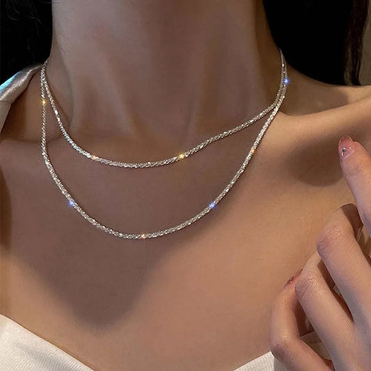 Fashion Simple Sparkling Necklace For Women Silver Color Clavicle Chain Choker Necklace Female Korean Wedding Party Jewelry Gift Pi-Mart