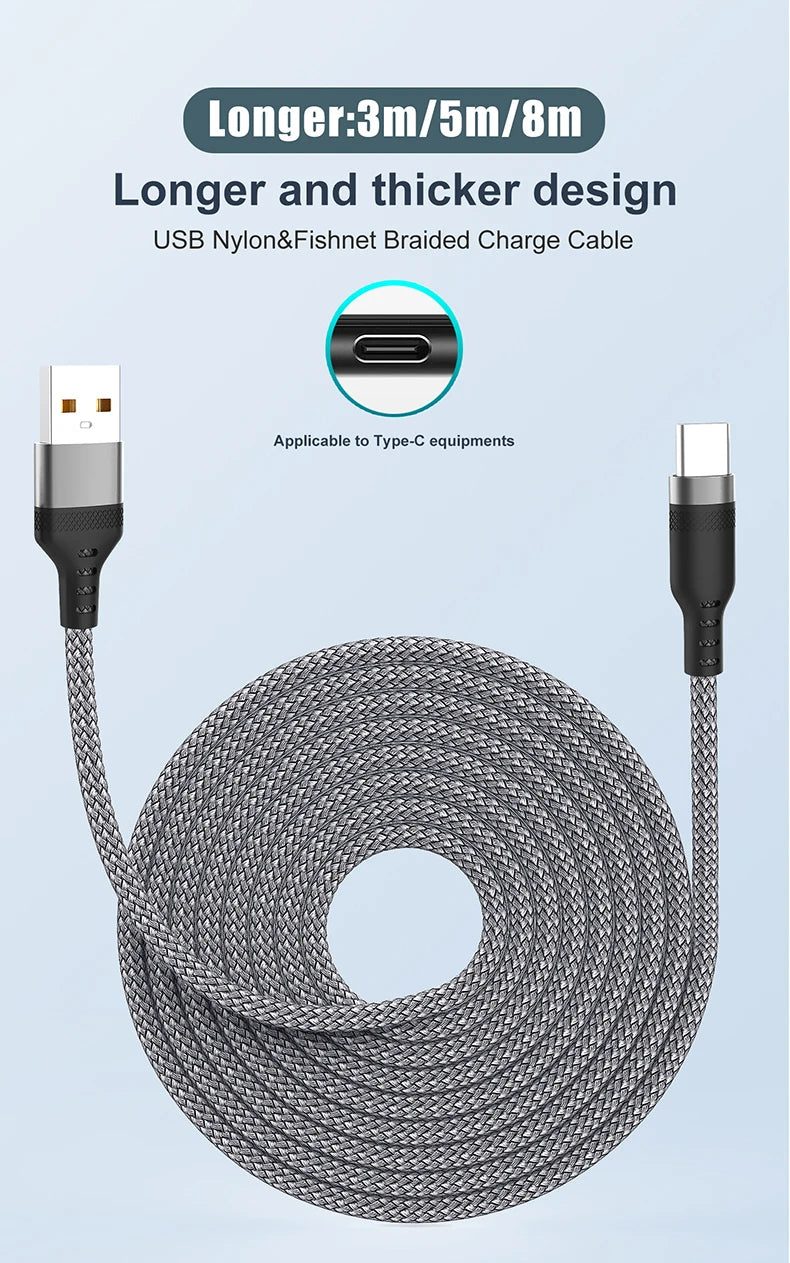 USB Type C 6A Super- Charging Cable For Huawei USB C Extended 1m 2m 3m 5m 8-Meter Cable For Xiaomi Vivo Leeco OnePlus Oppo Pi-Mart
