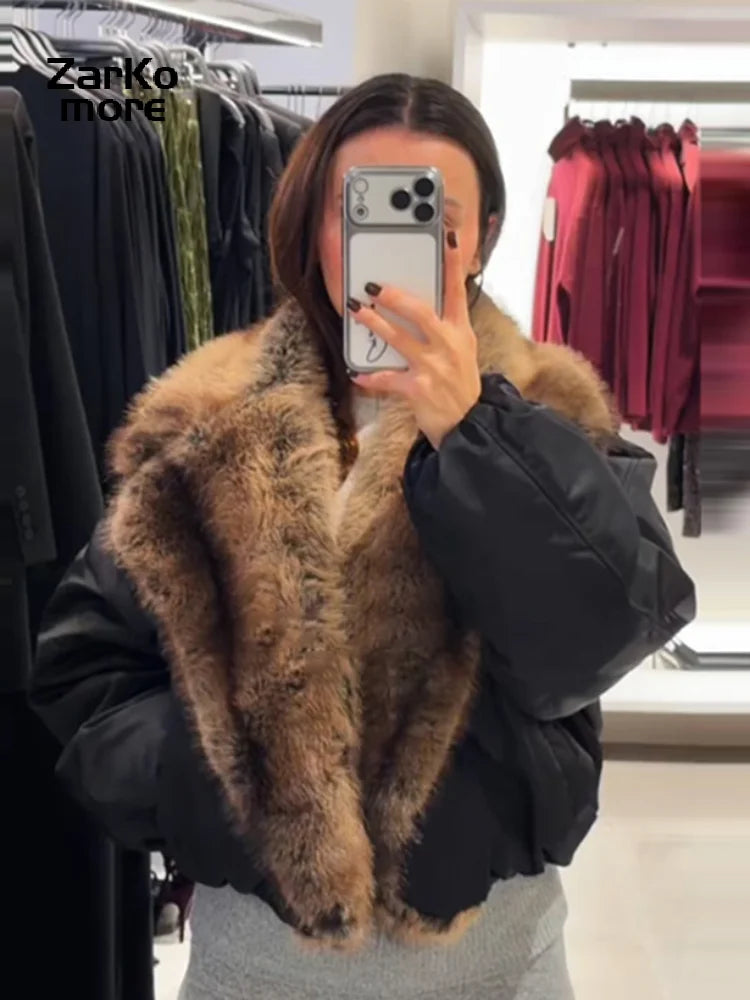 Fashion Faux Fur Patchwork Cotton Coat Women Lapel Zipper Pocket Cropped Street Warm Jacket 2026 Winter Lady Puffer Jackets New Pi-Mart