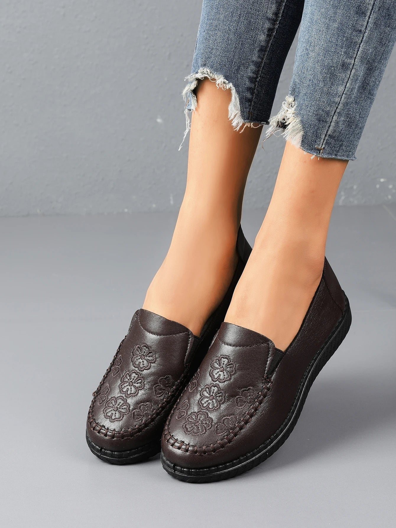 Women's Spring Autumn Leather Loafers Floral Embossed Slip‑On Flats Anti‑Slip Comfort Casual Mom Daily Walking Free Shipping Pi-Mart