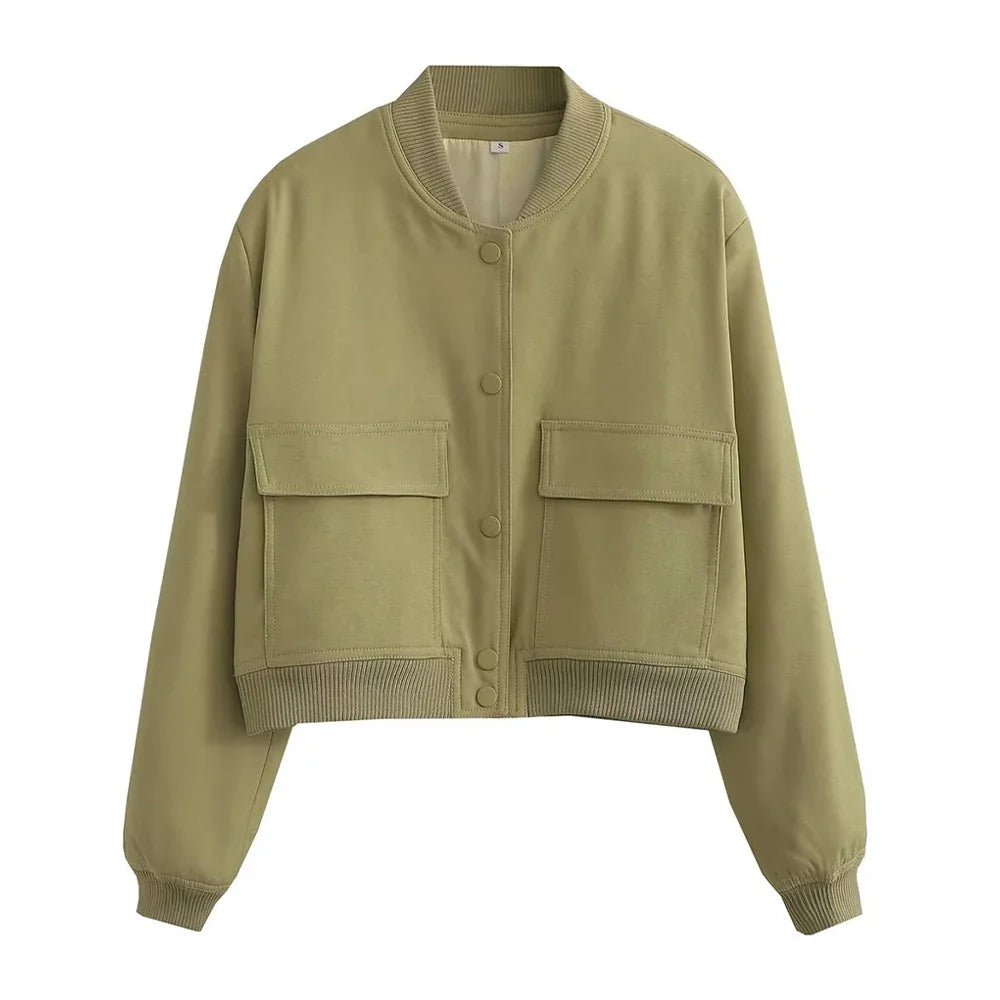 Women Fashion With Pockets Bomber Jacket Coats Vintage Long Sleeve Front Button Casual Female Outerwear Chic Tops LadyShow.Store