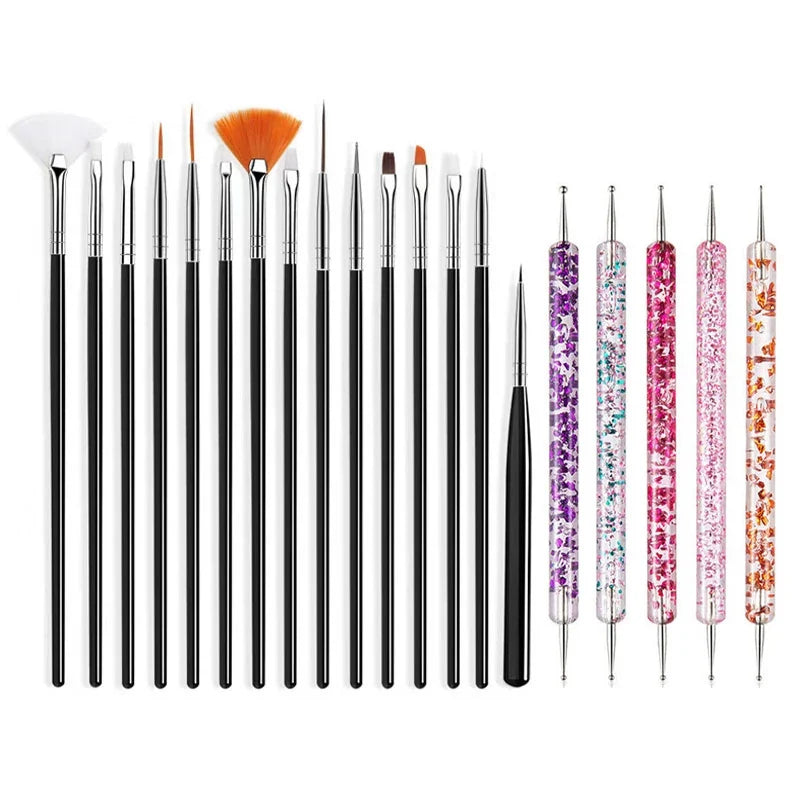 5/20Pcs Nail Art Brush Design Tip Painting Drawing Carving Dotting Pen FlatFan Liner Acrylic Gel UV Polish Manicure Tools Tri Light Beauty