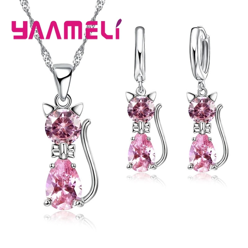 Real 925 Sterling Silver Color Jewelry Sets for Woman Girls Shining Austrian Crystal Cute Cat Pendant Necklace Huggie Earring Pi-Mart