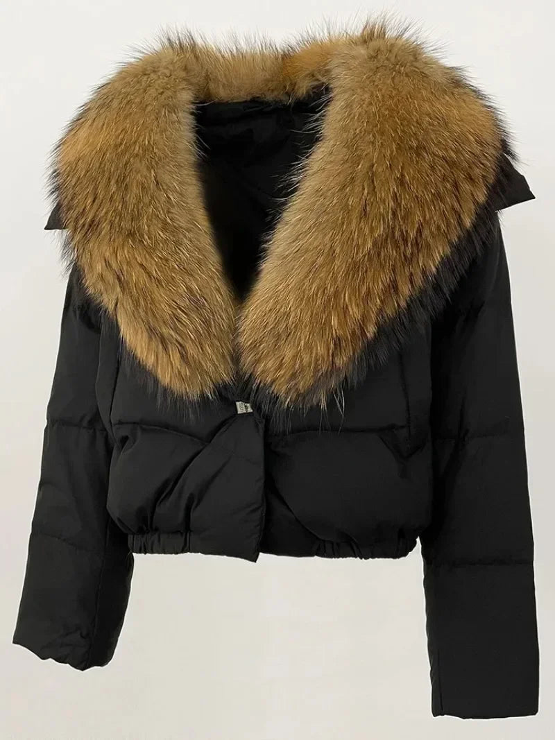 Down Jacket Women Short Puffer Jacket Thick New Big Natural Real Fox Fur Coat  Autumn Winter Female White Duck Down Coat Feather LadyShow.Store
