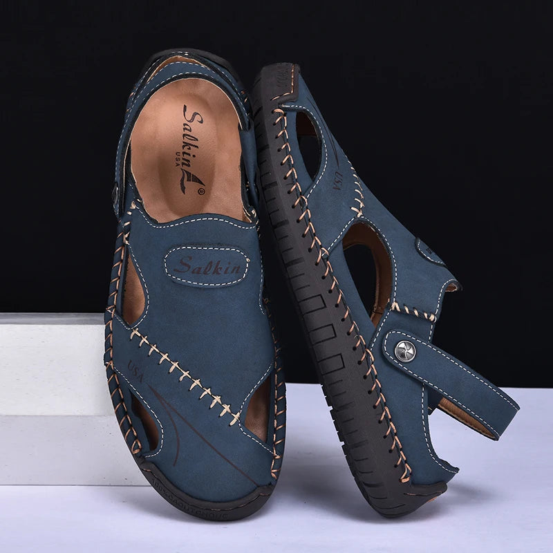 New Handmade Summer Sandals Men Breathable Leather Shoes Man Outdoor Men Sandals Antiskid Beach Sandals Hollow Shoes Fashion Pi-Mart