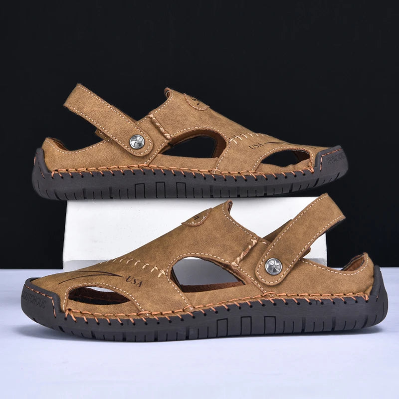 New Handmade Summer Sandals Men Breathable Leather Shoes Man Outdoor Men Sandals Antiskid Beach Sandals Hollow Shoes Fashion Pi-Mart