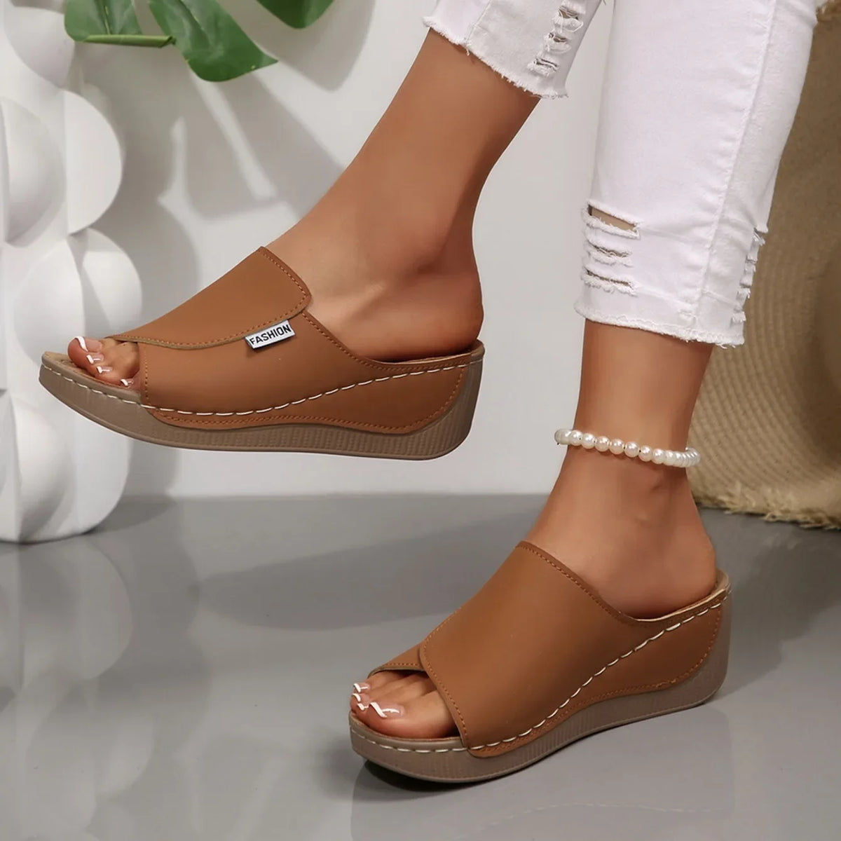 Women Wedge Slippers Summer 2025 New Fashion Slippers Open Toe Breathable Sandals Comfortable Buckle Woman Shoes Slides Women Pi-Mart