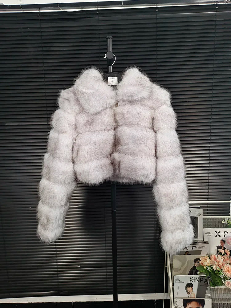 DEAT Fashion Women's Faux Fur Coat Lapel Zipper Long Sleeves Loose Thick Imitation  Fur Short Jacket Winter New 7AB6103 Pi-Mart