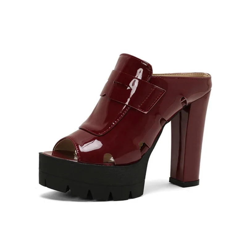 Platform Sandals Women High Heels Slippers Summer Women Shoes Sexy Chunky Heels Slides Patent Leather Zapatillas Mujer WSH5052 LadyShow.Store
