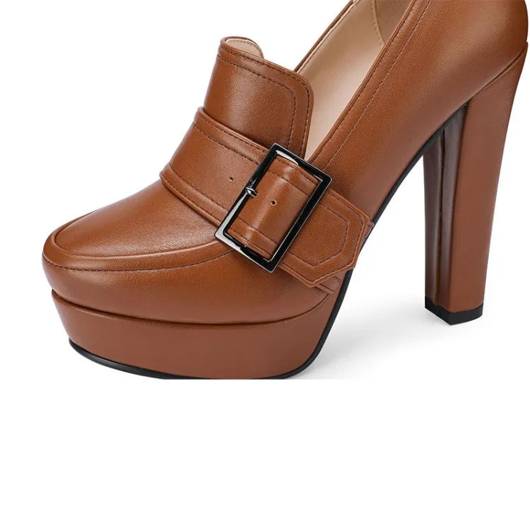 Round Toe High Heel Belt Buckle Women Single Shoes 2024 New Black Brown Spring  Autumn Waterproof Platform High Heels Size 34-43 Pi-Mart