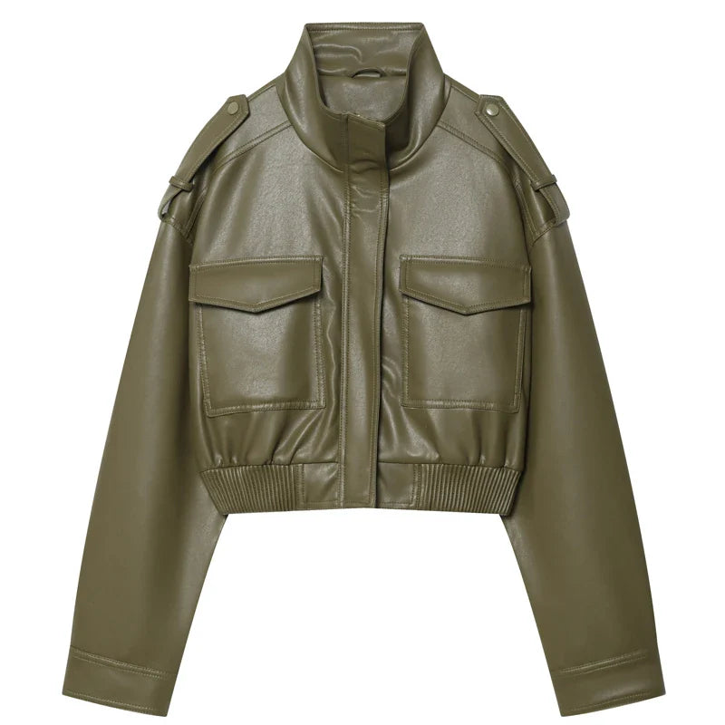 Women's Jacket Faux Leather Jacket Green Women's Demi-Season Jacket Outerwears Women's Autumn New In Coat Windbreaker Streetwear LadyShow.Store