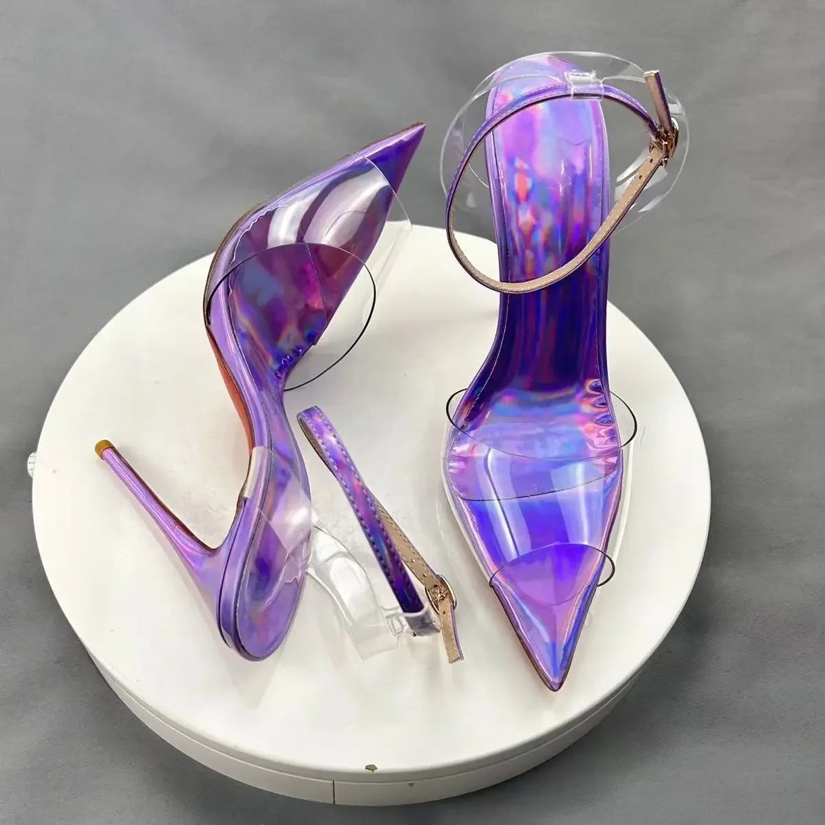 New European and American electric purple ultra soft transparent PVC sandals with straight stripes and slim heels, 12cm sexy Pi-Mart