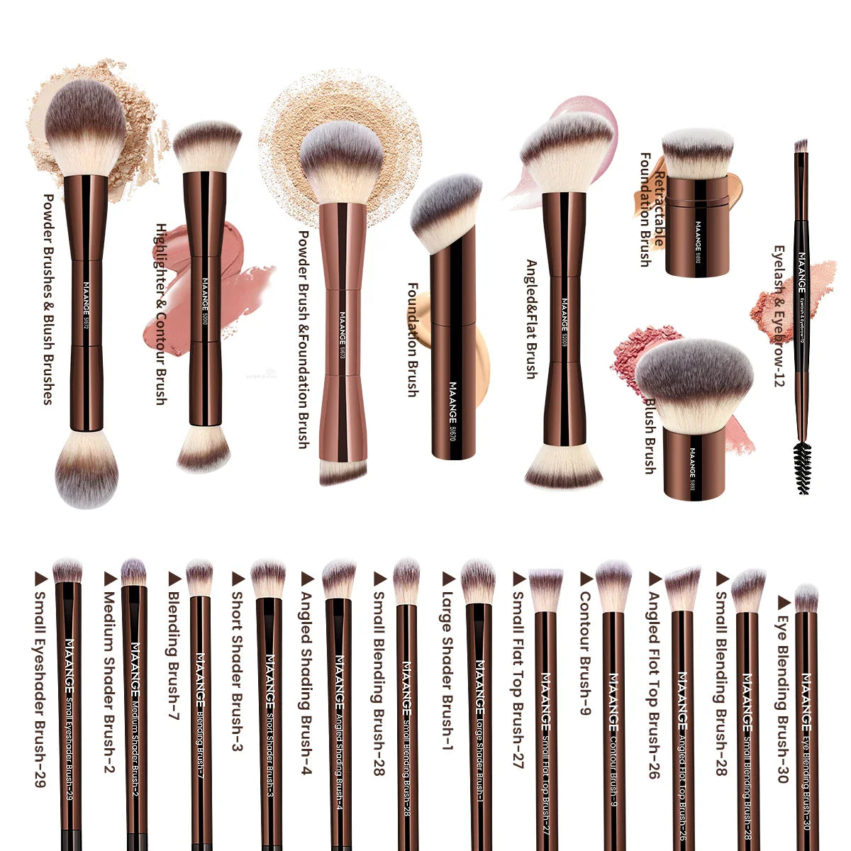 MAANGE 20pcs/set Pro Makeup Brushes Double Ended Foundation Concealers Blush Eye Shadows Brush for Liquid Cream Powder Blending Tri Light Beauty