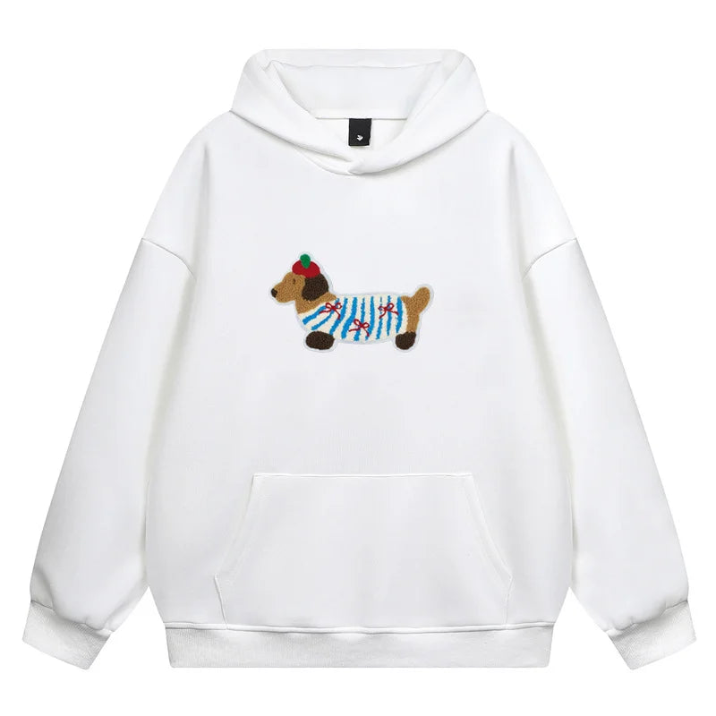Women Sweatshirt Streetwear Couples Tops Casual Loose Hoodie Autumn Winter Cartoon Dog Embroidery Hooded Pullover LadyShow.Store