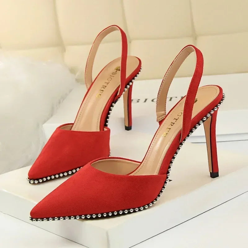 Branded Rivet Studded Beaded Design Sandals Women Summer Sexy Pointed Toe Thin High Heels Elegant Wedding Slide Pumps for Ladies LadyShow.Store