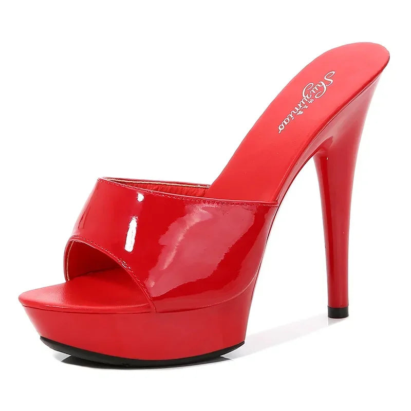 Womens Slippers Mule Patent Leather Sandals Sexy Fashion 13CM Slides Party Shoes for Woman Luxury Red Sandals Summer Comfortable LadyShow.Store