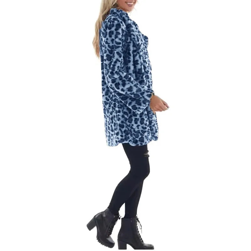 Women Winter Warm Faux Fur Coat Fashion Casual Turn-down Collar Leopard Jackets Ladies Streetwear Long Sleeve Pockets Overcoats LadyShow.Store