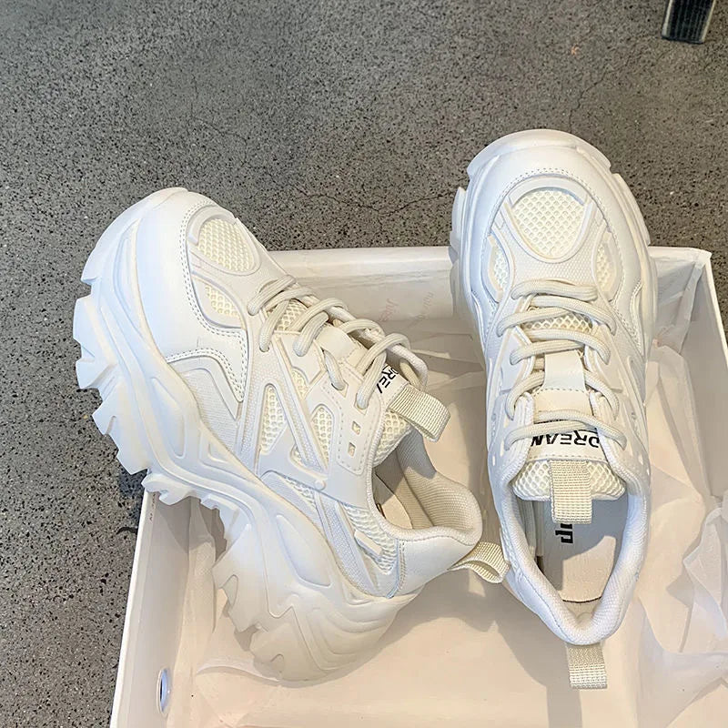 Women New Fashion Platform Sport Shoes Women 2024 New Summer Black Casual Chunky Sneakers Women Mesh Leather Platform Shoes Pi-Mart