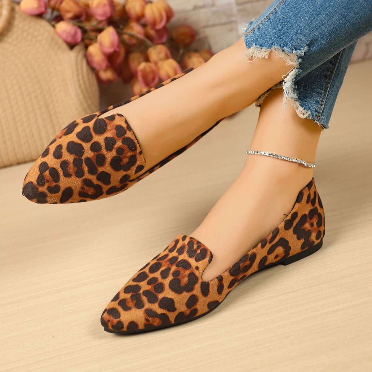 Women Flats Pointed Toe Solid Color Flats for Women Spring/autumn Casual Comfortable Leopard Brown Flat Heel Shoes Pi-Mart