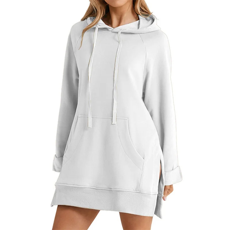 Women Hoodie Dress Slit Hem Drawstring Loose with Big Pocket Hooded Pullover Mid Length Top Commuting Dating Sport HoodieCYXX385 LadyShow.Store