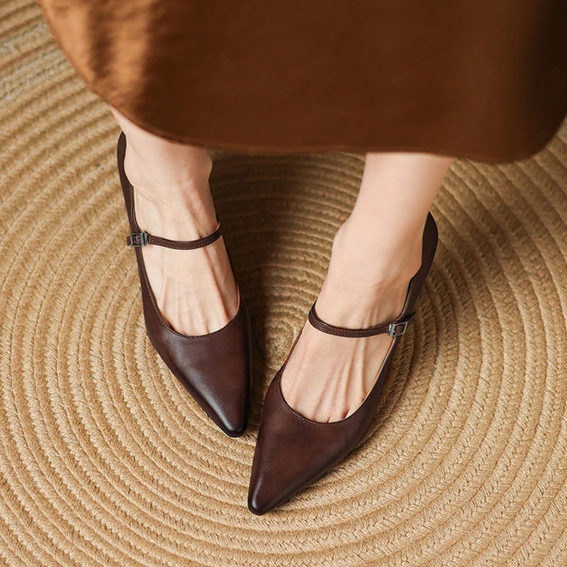 NEW Spring/Autumn Women Pumps Genuine Leather Shoes for Women Pointed Toe Thin Heel Shoes Shallow Buckle Strap Mary Janes Shoes Pi-Mart