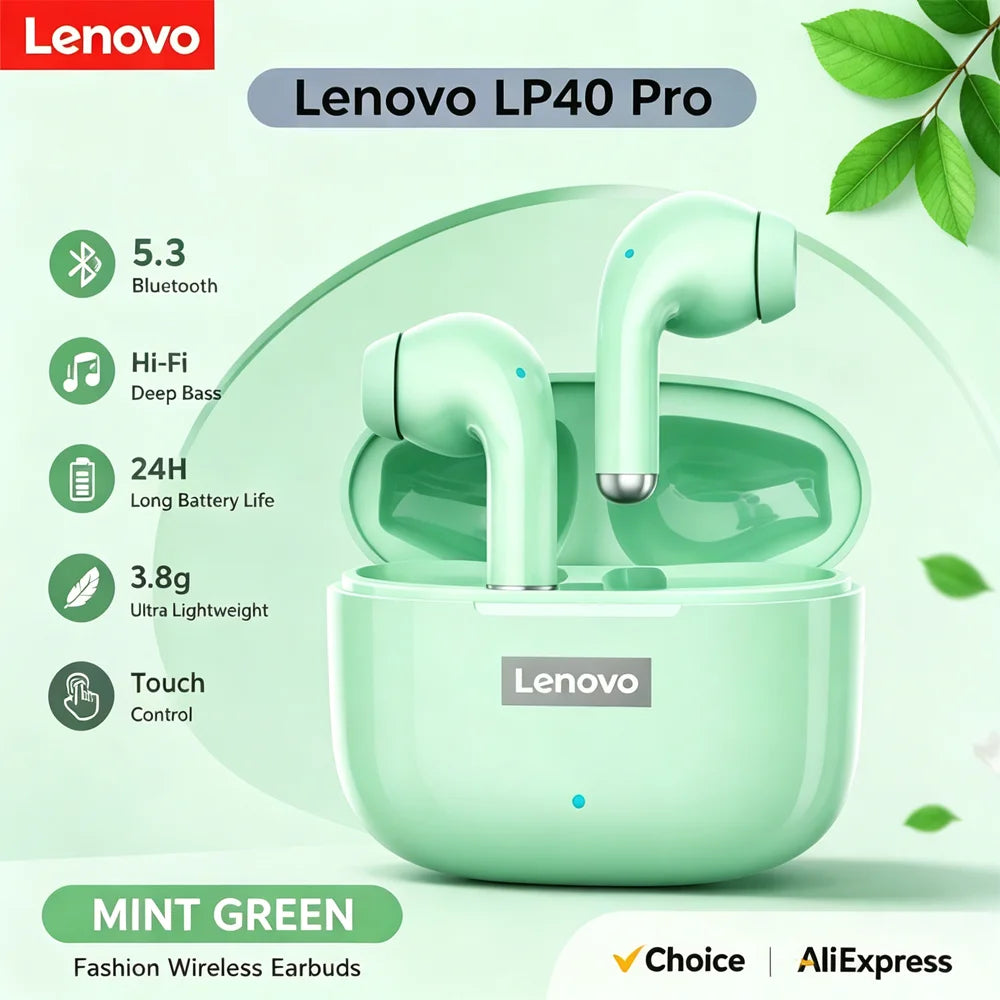 Lenovo LP40 Pro TWS Bluetooth 5.4 Wireless Headphones HiFi Stereo Earphones Gaming Sports Touch Control HD Call With Mic Earbuds Pi-Mart