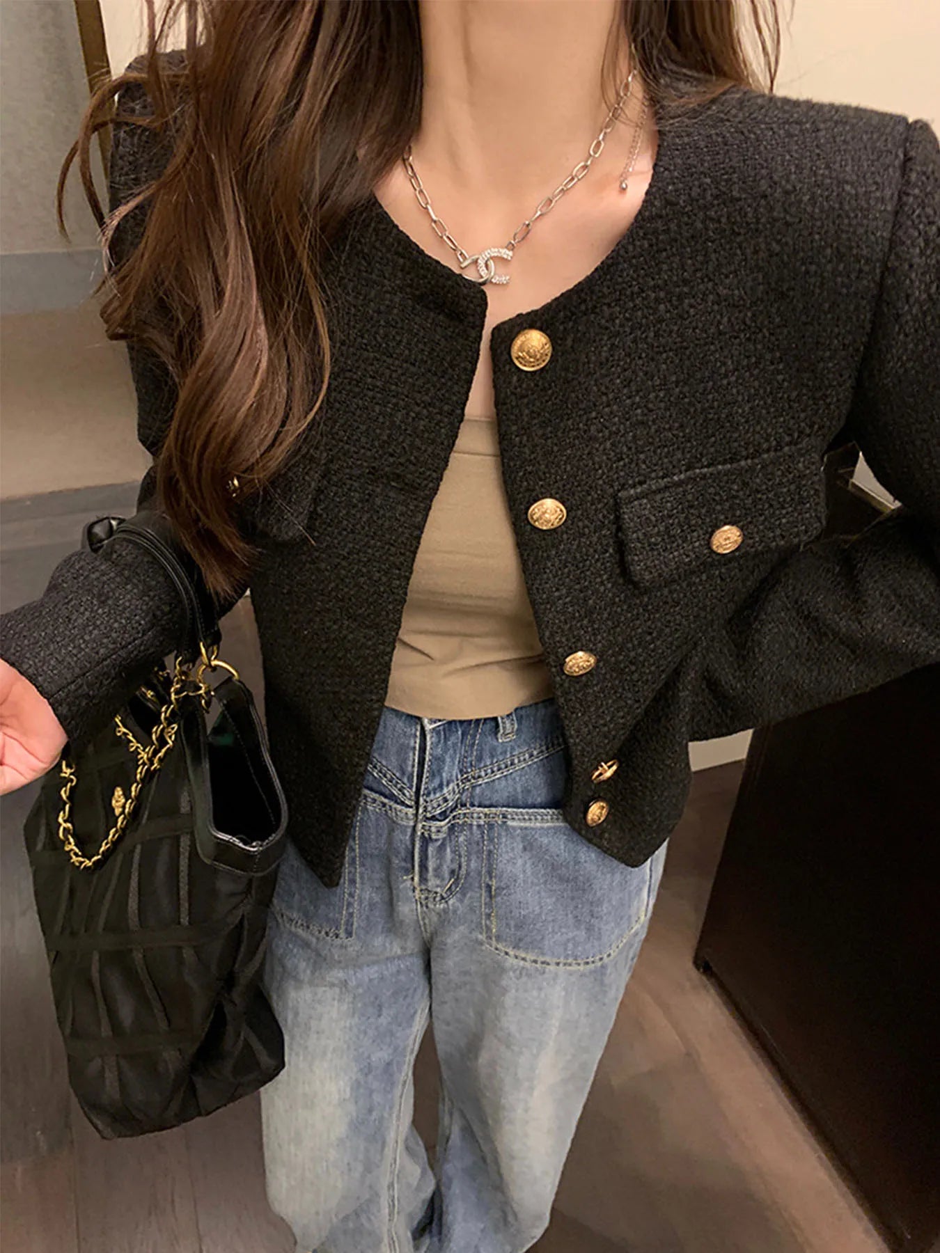 French Wool Tweed Coat Fashion High-end Gold Button Short Slim Temperament Spring and Autumn Korean Coats Women Jacket New LadyShow.Store