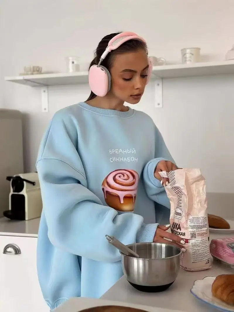 blue Cartoon pastries Russian letter print hip hop O Neck Oversize Sweatshirt Women Thin Spring 2025 Hoodies American Casual Top LadyShow.Store
