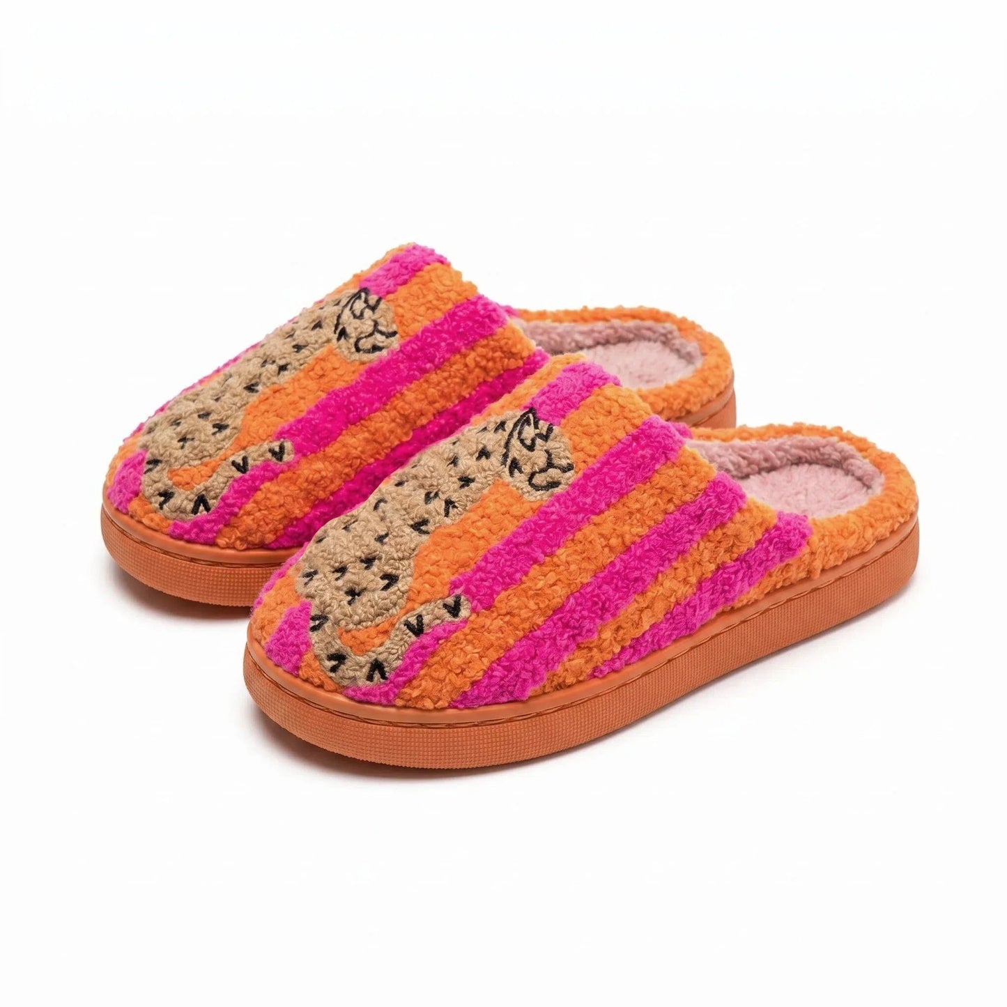 Ins-Style Cute Color-Block Embroidered Winter New Striped Leopard Print Plush Slippers for Women, Indoor Non-Slip Warm Plush Shoes, a Top Choice for Holiday Gifts LadyShow.Store