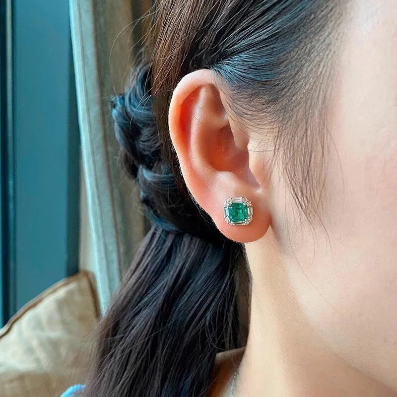 European and American Square Green Zircon Earrings, French Romantic Women's Inlaid Zircon Banquet Design, Shiny Jewelry Pi-Mart