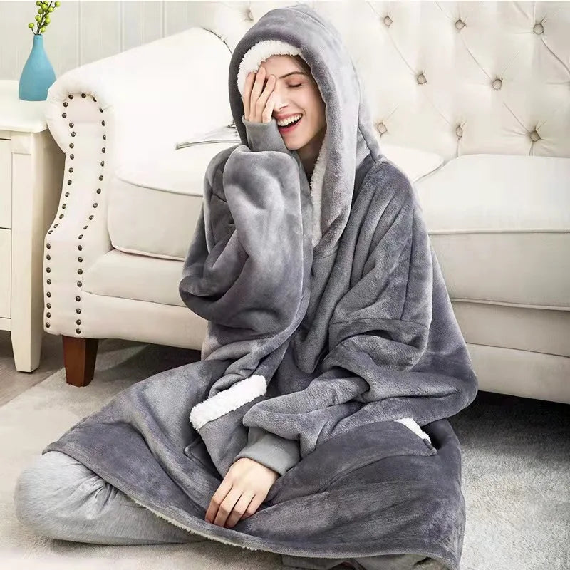 180cm Super Long Flannel Blanket Pyjamas with Sleeves Winter Hoodies Sweatshirt Women Men Pullover Fleece Giant Oversized Outdoo Pi-Mart