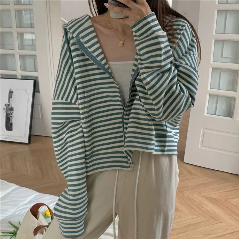 2000S American Vintage Striped Loose Long Sleeve Hooded Sweatshirt Y2k Subculture Casual Zip Up Hooded Cardigan Harajuku Coats LadyShow.Store
