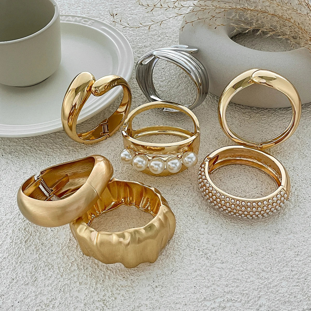 SHIXIN Design Geometric Water Drop Gold Color Wide Spring Bangles for Women Elegant Imitation Pearl Cuff Bracelets New Jewelry Pi-Mart