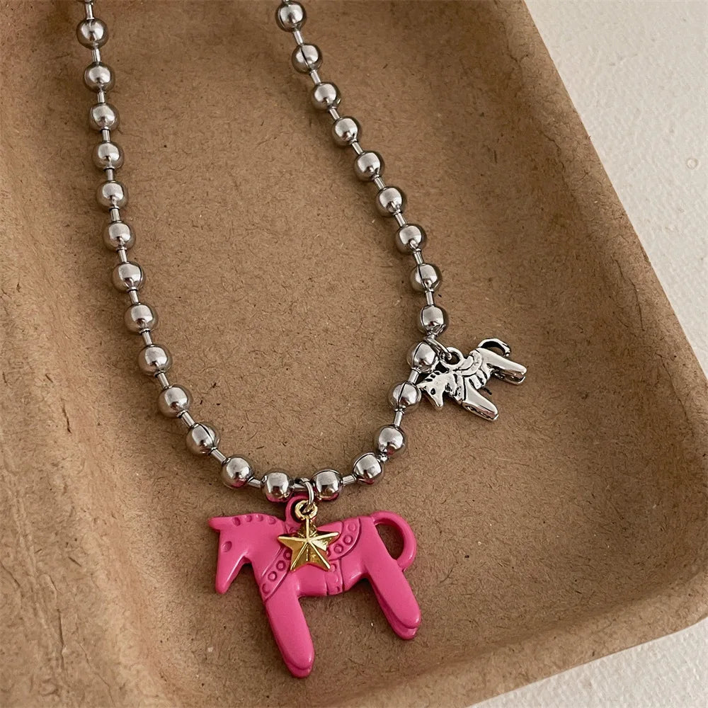 LATS White Black Green Blue Pink Color Enamel Colt Horse Pendant Necklaces for Women Silver Plated Alloy Beads Chain Chokers Pi-Mart