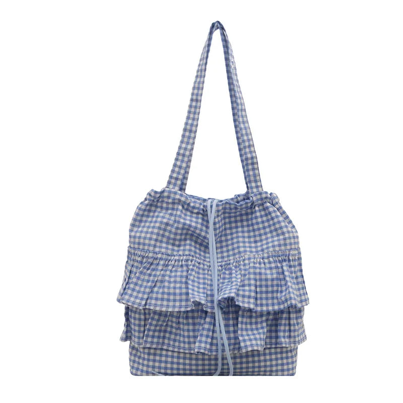 Large Capaci Cute Plaid Cotton Tote Bag  Lace Trim Women's Summer 2025 Simple Lady Handbag Soft Shoulder Bags Bolsa Feminina Pi-Mart