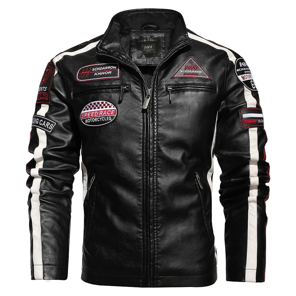 Mens Vintage Motorcycle Jacket 2024 Men Fashion New Biker Leather Jacket Male Embroidery Bomber Coat Winter Fleece Pu Overcoat Pi-Mart