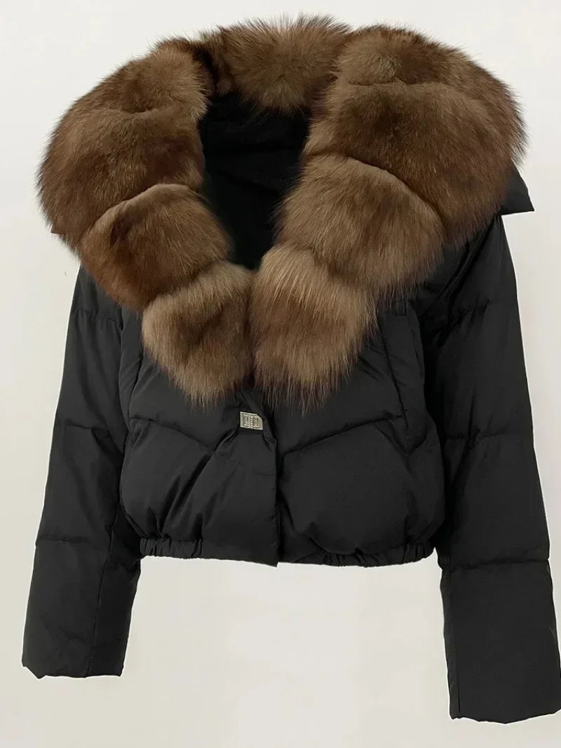 Down Jacket Women Short Puffer Jacket Thick New Big Natural Real Fox Fur Coat  Autumn Winter Female White Duck Down Coat Feather LadyShow.Store
