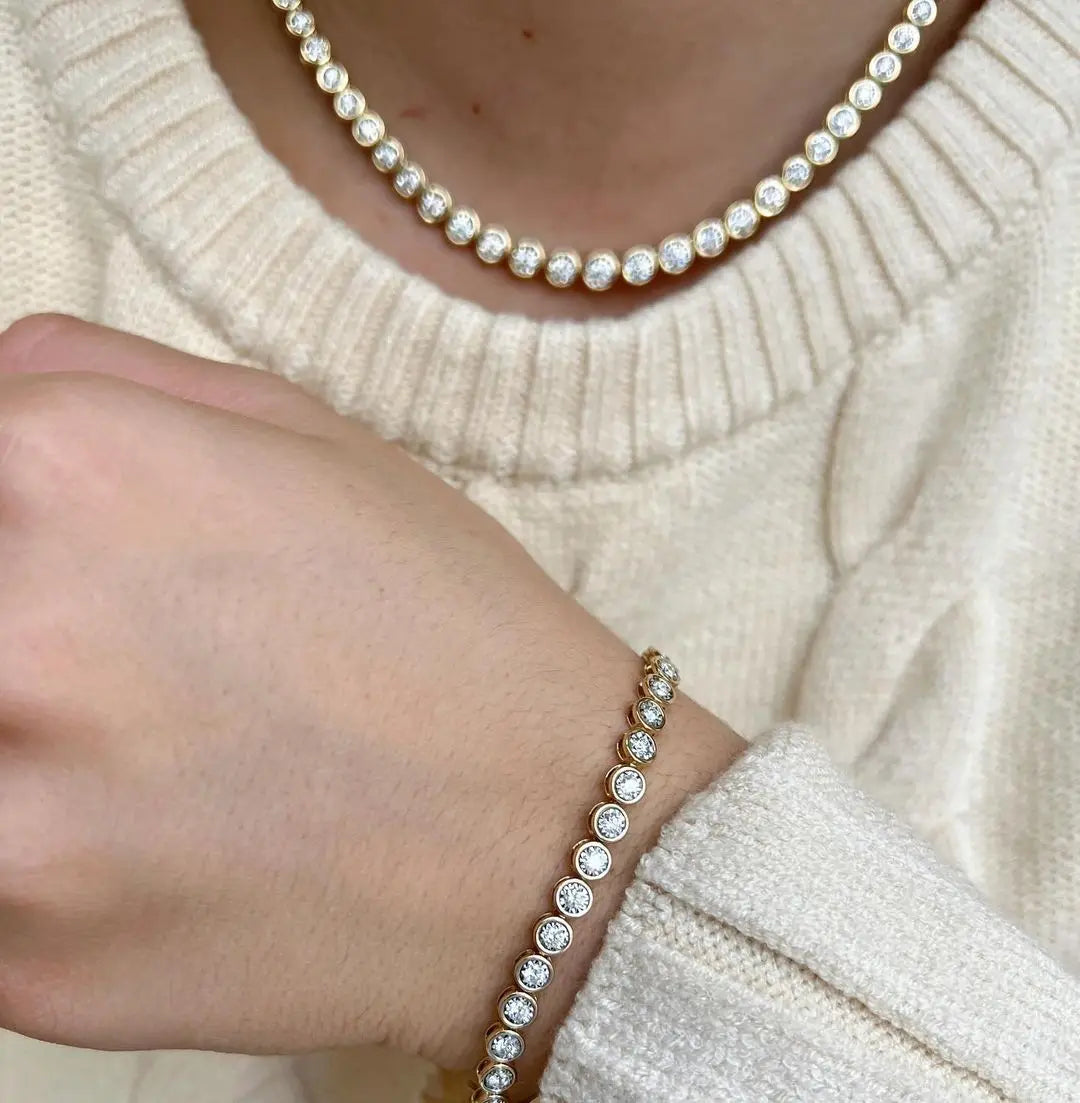 Geometric High Quality Fashion Women Jewelry Bezel Set Round Shaped Tennis Chain Bracelet Necklace Set Pi-Mart