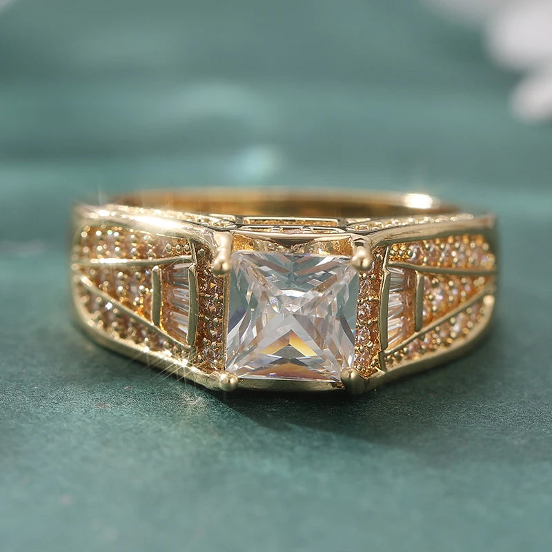 Aesthetic Inlaid White CZ Women's Ring Dazzling Gold Color Geometry Daily Wear Party Jewelry Anniversary Gift Pi-Mart