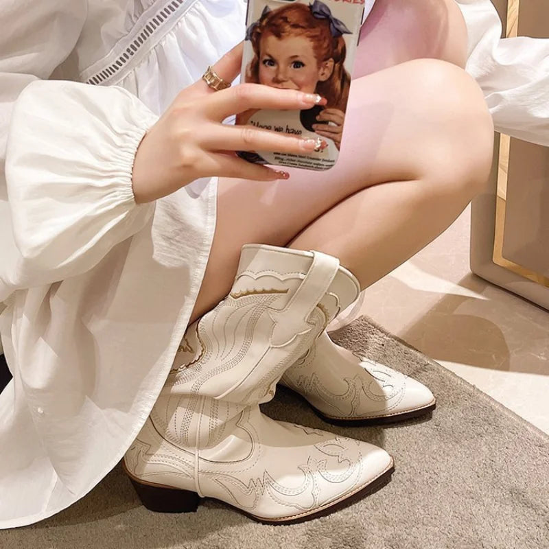 Autumn Embroidered Western Cowboy Boots new Square Heels Pointed shoes Casual fashion long boots Comfortable waterproof shoes LadyShow.Store