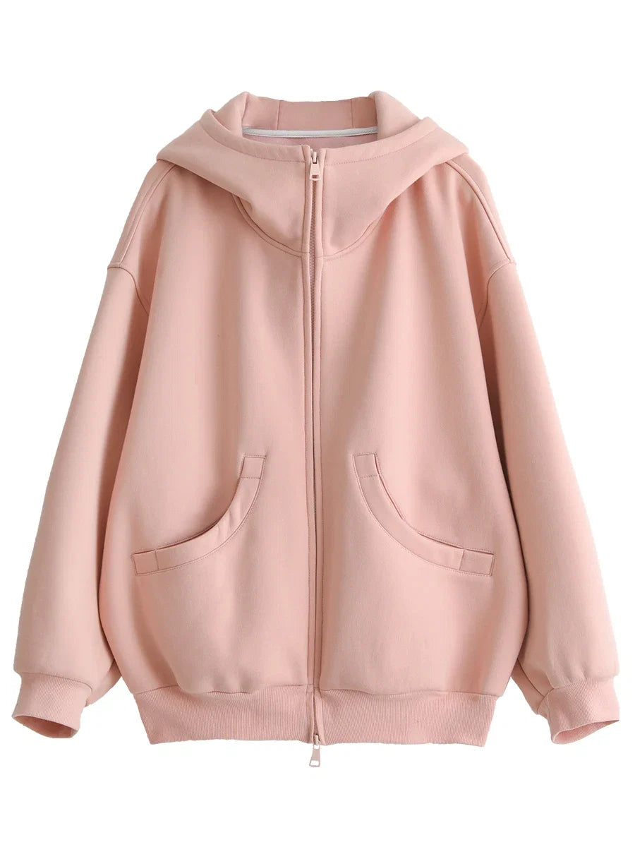 CHIC VEN Women Sweatshirts Loose Casual Hooded Long Sleeves with Plush Sweater Double Zipper Oversize Coat Spring Autumn 2026 LadyShow.Store