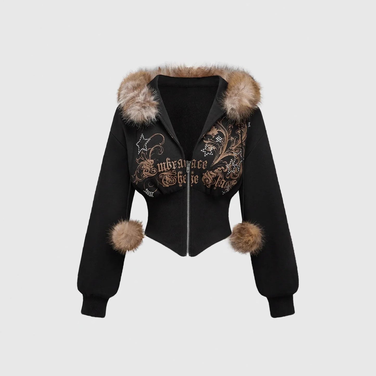 Winter Warm Gothic Print Hoodie Women's Clothin Faux Fur Crop Top Zip-Up Sweatshirt Fashion Y2K Streetwear Hooded Jacket 2026New LadyShow.Store