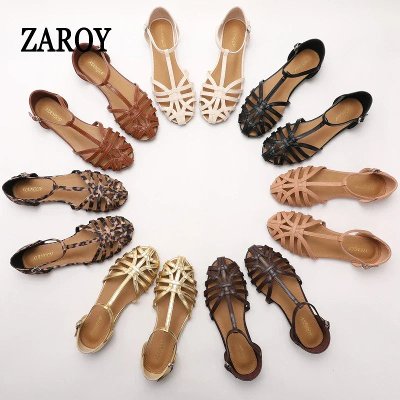 ZAROY Women's Sandals Summer Casual Footwear T-tied Cross Strap Flat Sandals Weave Hollow Roman Sandalia Zapatos сандали LadyShow.Store