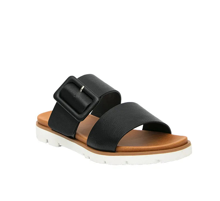 Adjustable Square Buckle Women Slide Sandals Two Strap Platform Slippers Low Heel Soft Sole Summer Open Toe Walking Casual Shoes Pi-Mart