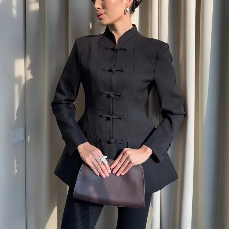 BJTZ Women Mandarin Collar Blazer Long Sleeve Frog Button Front Slim Fit Suit Jacket Casual Office Streetwear Elegant Outerwear LadyShow.Store