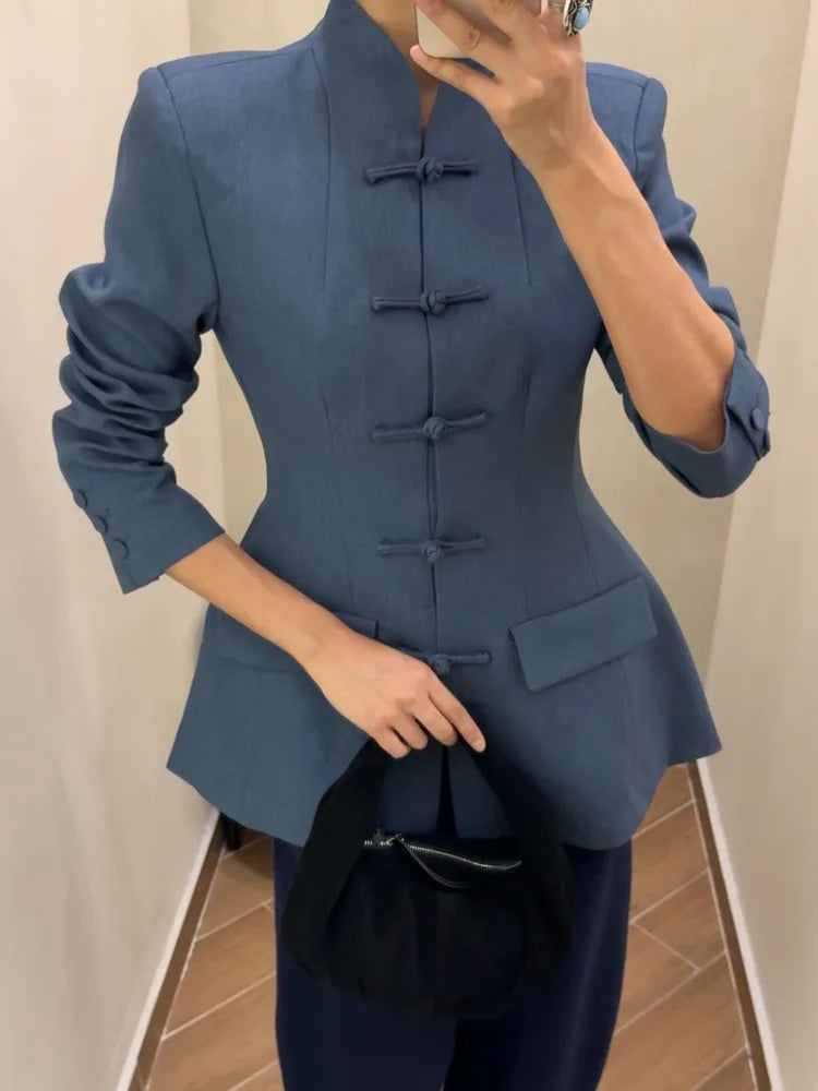 BJTZ Women Mandarin Collar Blazer Long Sleeve Frog Button Front Slim Fit Suit Jacket Casual Office Streetwear Elegant Outerwear LadyShow.Store