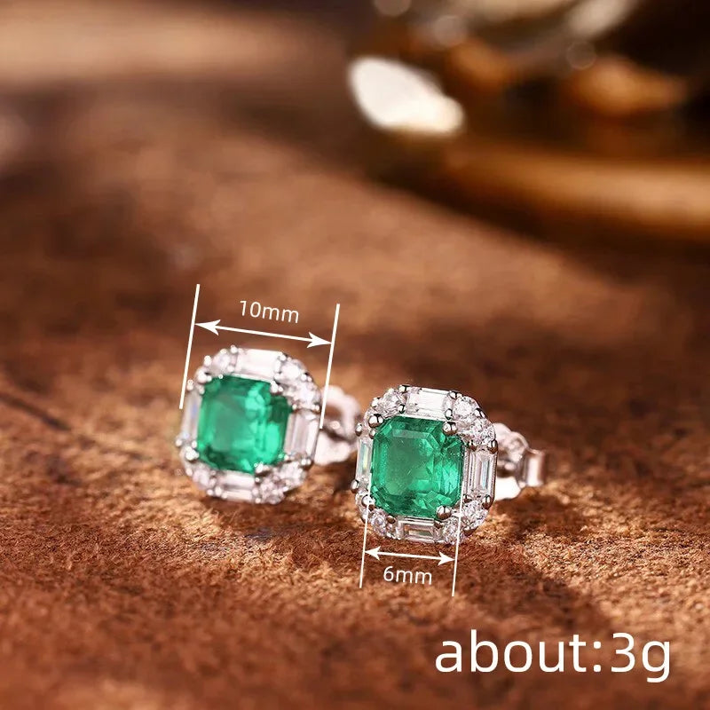 European and American Square Green Zircon Earrings, French Romantic Women's Inlaid Zircon Banquet Design, Shiny Jewelry Pi-Mart